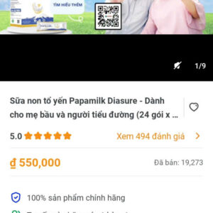 Sữa non tổ yến papamilk Diasure-dành cho mẹ bầu và  cho người tiểu đường(24 gói x...