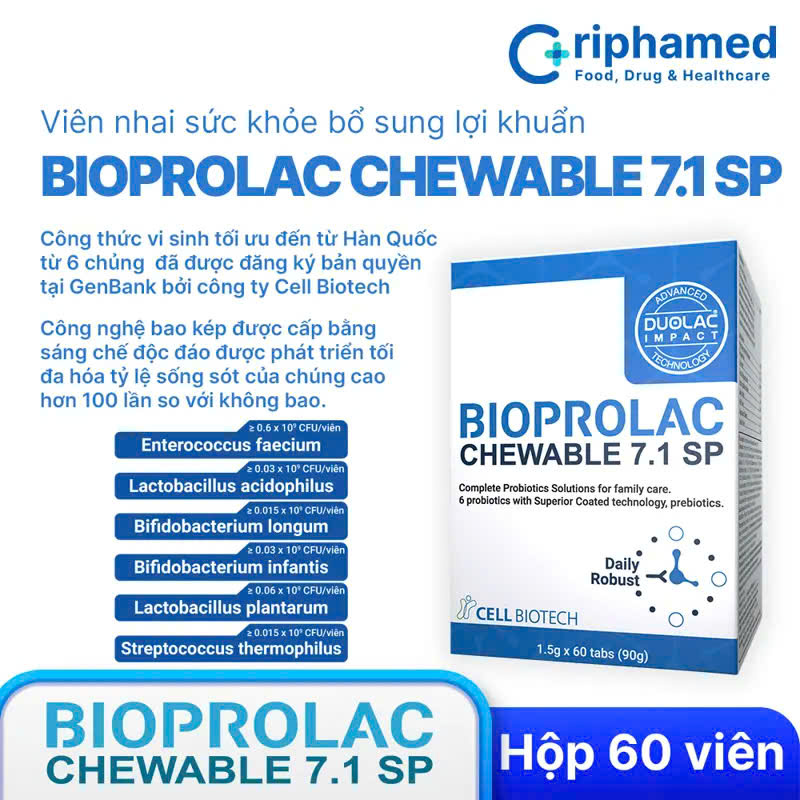 Viên nhai bổ sung lợi khuẩn Bioprolac chewble 7.1 SP (Hộp 60 viên )