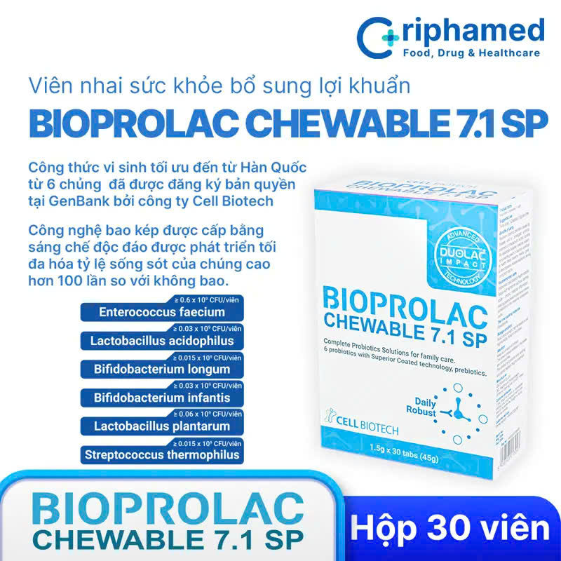 Viên nhai bổ sung lợi khuẩn Bioprolac chewble 7.1 .SP (Hộp 30 viên)