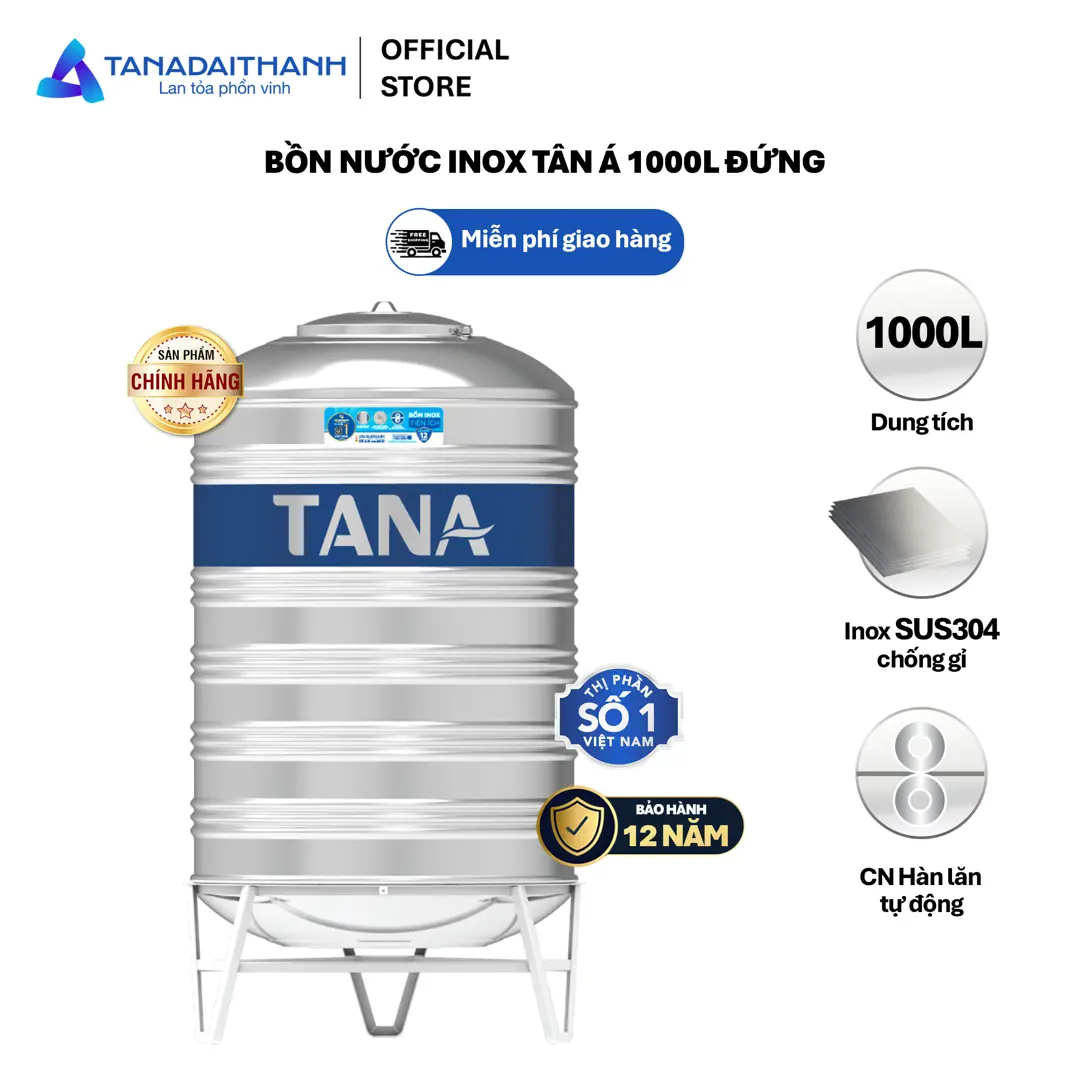 Bồn nước đứng Inox Tân Á 1000L ĐK920-chỉ bán tại miền bắc