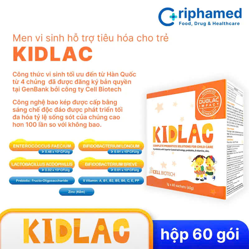 Men vi sinh hỗ trợ tiêu hoá cho trẻ Kidlac (Hộp 60 gói )