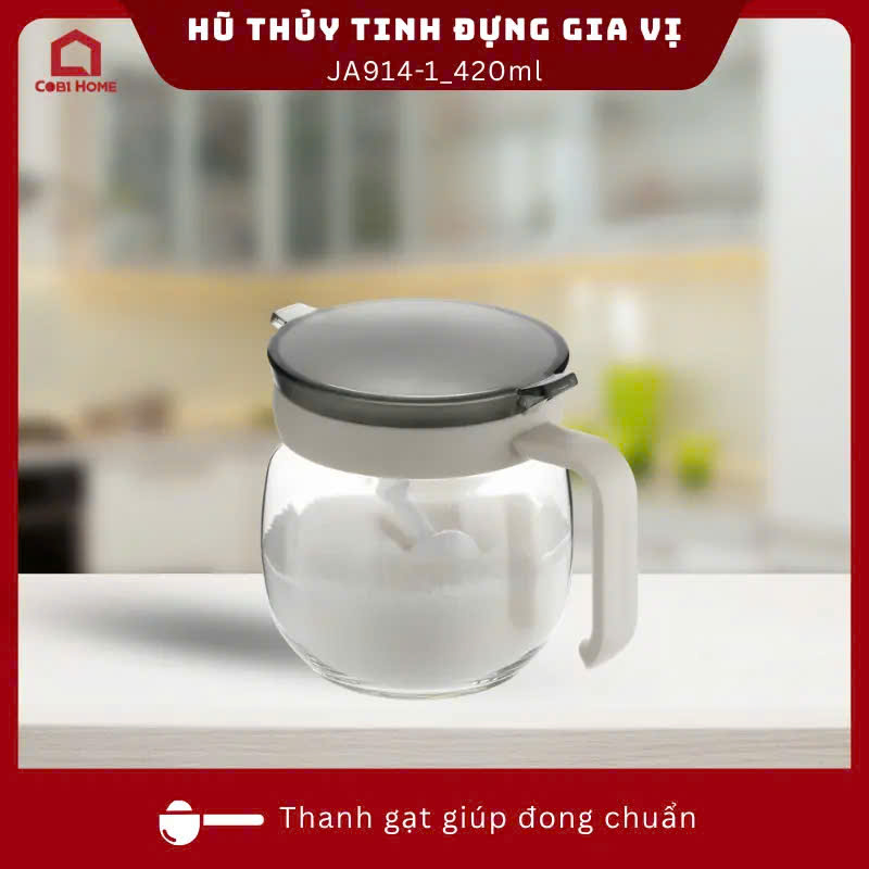 Hũ thuỷ tinh Đựng gia vị có thanh gạt kèm muỗng dung tích 420ml _376064